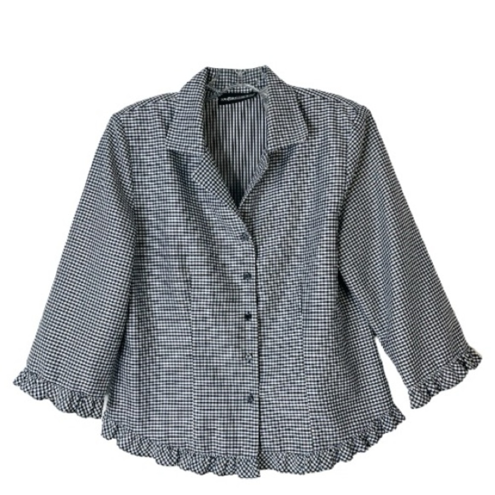 Vintage blue white check gingham ruffle preppy office button front top 10